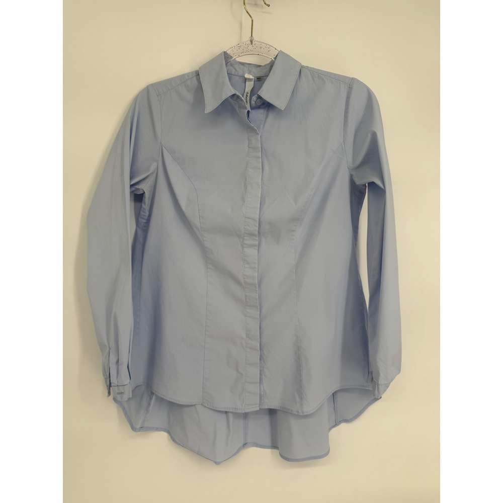 NY Collection Light Blue High-Low Button Down Shirt Long Sleeve Stretch